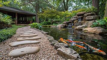 ai generado japonés jardín con estanque y rocas foto