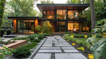 AI generated Modern House Surrounded by Abundant Plants and Trees photo