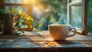 ai generado café taza en mesa por ventana foto