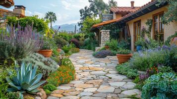 AI generated Stone Path Leading to House Surrounded by Greenery photo