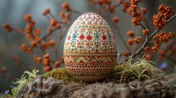 AI generated Decorated Egg on Wooden Table photo