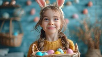 AI generated Little Girl With Bunny Ears Holding Basket of Eggs photo