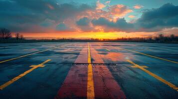 ai generado vacío estacionamiento lote con puesta de sol foto