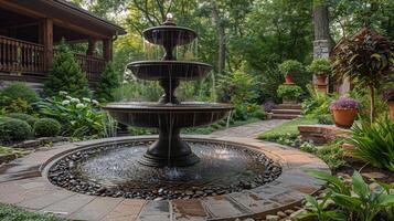 AI generated Water Fountain Surrounded by Rocks and Trees photo