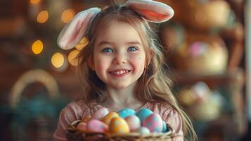 AI generated Little Girl With Bunny Ears Holding Basket of Eggs photo