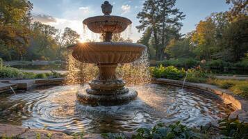 ai generado fuente en parque rodeado por arboles foto