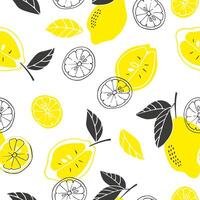 Seamless vector pattern on a white background. Drawn lemons, lemon slices, leaves. Doodle fruits. For paper, textile, gift wrapping, interior decoration, menu. Cartoon design