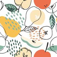 Seamless vector pattern with apples, pears, peaches on a white background. Mix of doodle fruits. For wallpaper, wrapping paper, textile, postcards, web page background, interior decor, menu.