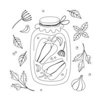 Doodle set of peppers in a jar. Vector illustration isolated on white background. Coloring for children.