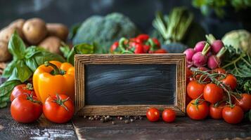 ai generado imagen marco rodeado por vegetales en mesa foto