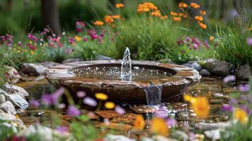 ai generado agua fuente rodeado por flores y rocas foto