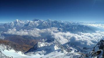 AI generated Snow-Covered Mountain Range in Clouds photo