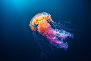 ai generado brillante Medusa nadar en profundo azul mar.generativo ai foto