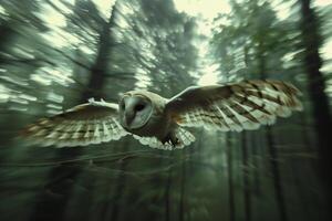 AI generated Barn Owl flying in forest wildlife scene.Generative Ai photo