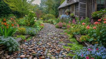 ai generado jardín con rocas y flores siguiente a un casa foto