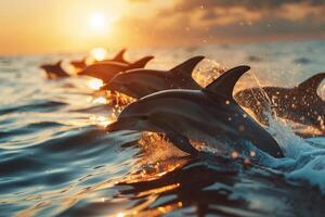 AI generated Dolphin jumping over the sea at sunset.Generative AI photo