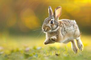 AI generated Cute little rabbit jumping in the garden.Generative AI photo