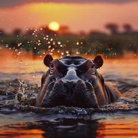 AI generated hippopotamus head submerged from water in the evening.Generative Ai photo