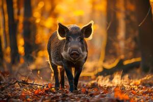 AI generated wild boar walking in forest.Generative AI photo