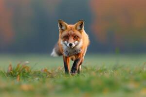 AI generated red fox running in a meadow.Generative AI photo