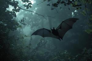 ai generado murciélago volador en oscuro bosque. generativo ai foto