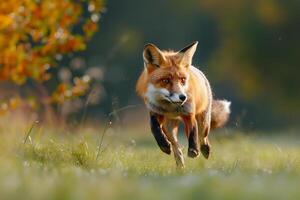 AI generated red fox running in a meadow.Generative AI photo