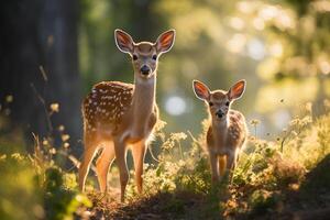 AI generated sika deer fawn standing together.Generative Ai photo