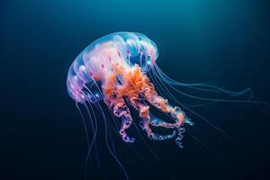 ai generado brillante Medusa nadar en profundo azul mar.generativo ai foto