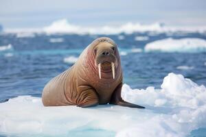 AI generated Giant walrus on ice plate winter landscape .Generative Ai photo