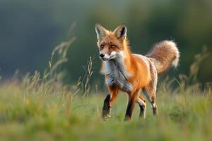 AI generated red fox running in a meadow.Generative AI photo