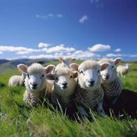 AI generated Herd of sheep standing on green field under blue sky.Generative AI photo