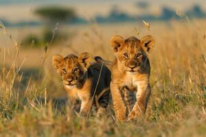 AI generated two lion cubs walking together.Generative Ai photo