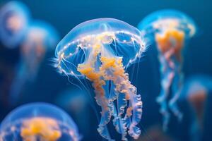 AI generated Glowing jellyfish swiming in deep blue sea.Generative AI photo