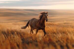 AI generated horses galloping across a field at sunset.Generative AI photo