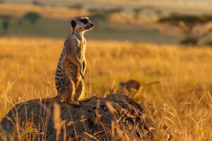 AI generated meerkat guard standing upright watching environment.Generative Ai photo