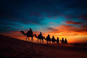 AI generated camel caravans traveling in the desert in sunset.Generative Ai photo