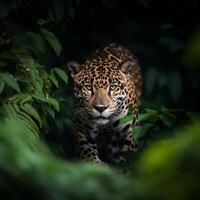 ai generado jaguar en el oscuro bosque.generativo ai foto