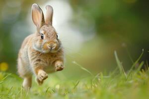 AI generated Cute little rabbit jumping in the garden.Generative AI photo