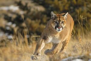 ai generado puma concolor saltando en bosque.generativo ai foto