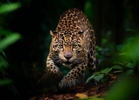 ai generado jaguar en el oscuro bosque.generativo ai foto