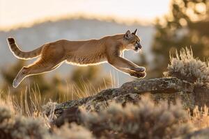 AI generated puma concolor jumping in forest.Generative AI photo