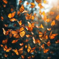 AI generated Flock of butterflies flies in forest with sun light.Generative Ai photo