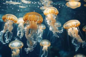 AI generated Glowing jellyfish swiming in deep blue sea.Generative AI photo