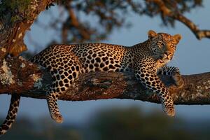 AI generated leopard is lying on tree in the evening.Generative AI photo