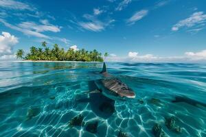 AI generated Shark underwater swim in the sea close to island.Generative AI photo