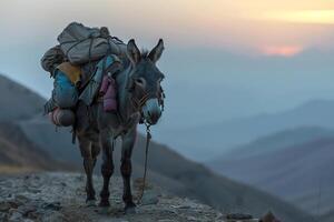 AI generated donkey carrying heavy goods in the mountains.Generative AI photo