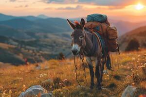 ai generado Burro que lleva pesado bienes en el montañas.generativas ai foto