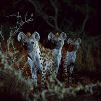ai generado hiena caminando en el arbusto a noche.generativa ai foto