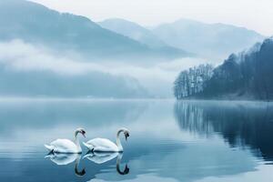 ai generado romántico Pareja de cisnes en el lago montaña antecedentes con niebla.generativa ai foto