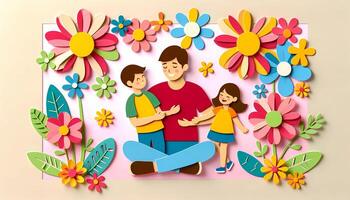 AI generated Father's Day paper cut art origami style of dad and children with flower frame photo